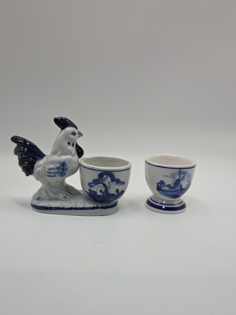 Blue and White Delft-Style Rooster Egg Cup Set